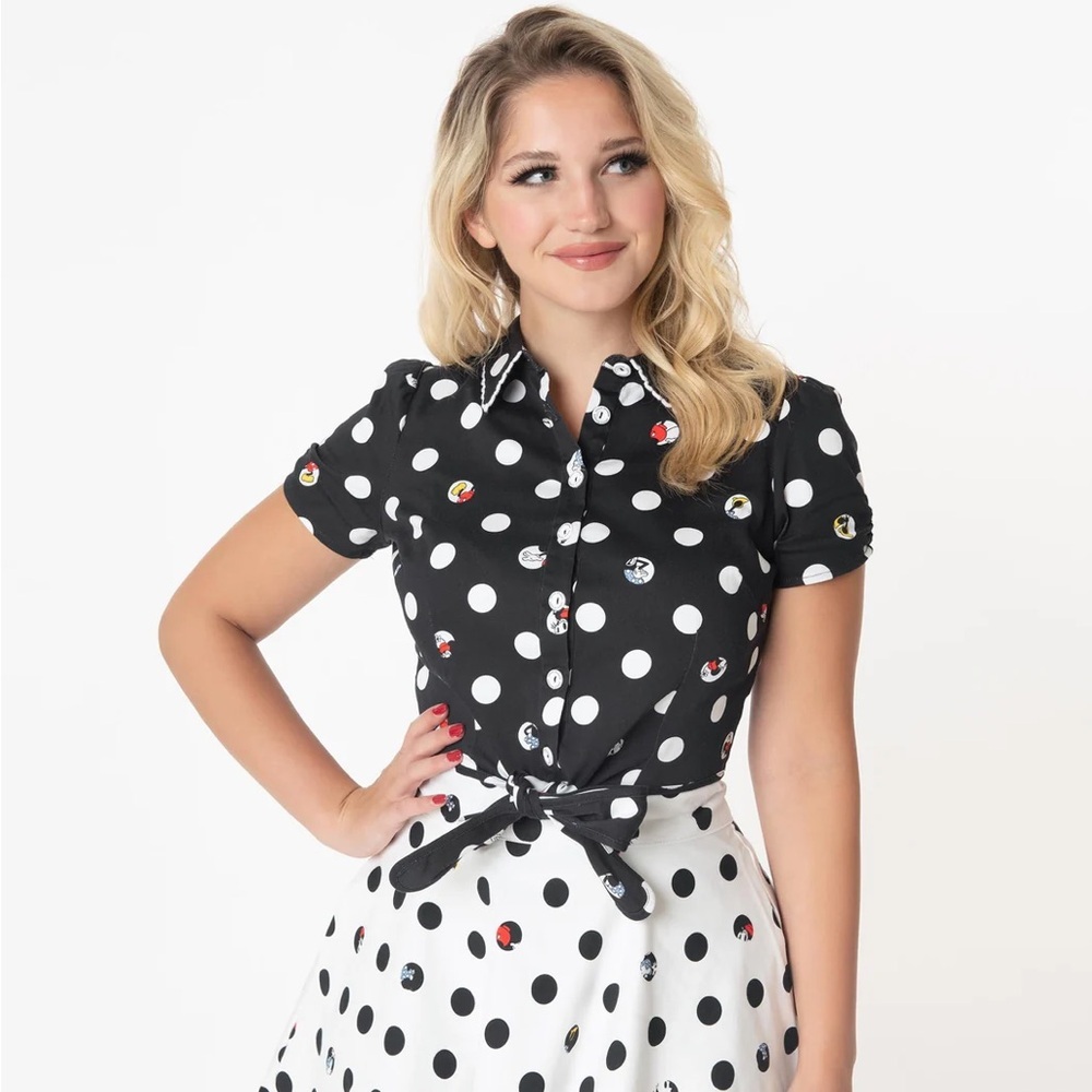 Disney Loungefly Stitch Shoppe Minnie Peek-a-Boo Polka Dot Black White Top, M - Picture 2 of 10